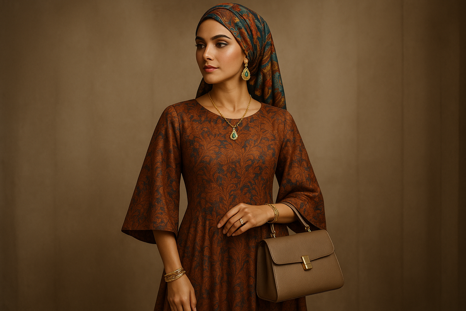 une belle femme porte foulard porte une belle robe longue demie manche elle porte ausssi des accessoires bijoux et sac 